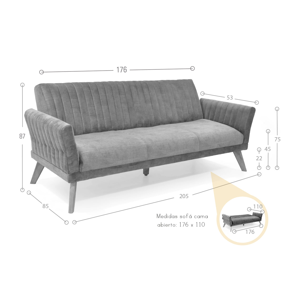 Sofá Cama Pensilvania Gris y Matiz Caoba 205x87cm de Tres Puestos Reclinable con Apoya Brazos - SOFAS Y POLTRONAS | Bylmo
