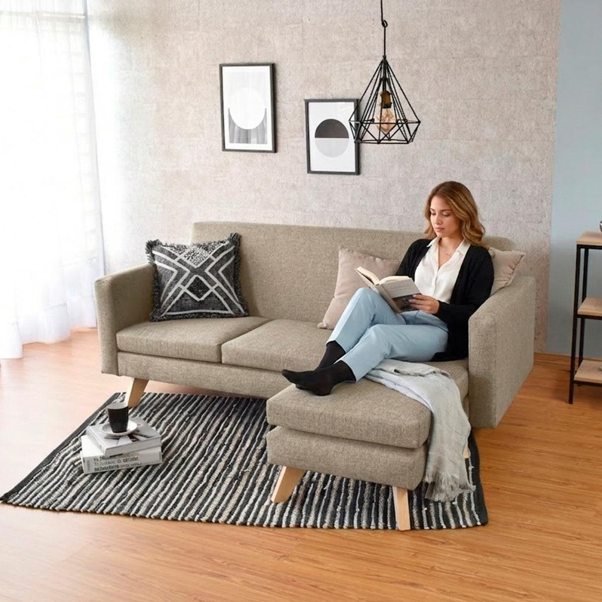 Sofá en L Burdeos Beige y Matiz Natural 192x82cm de Tres Puestos con Apoya Brazos - SOFAS Y POLTRONAS | Bylmo