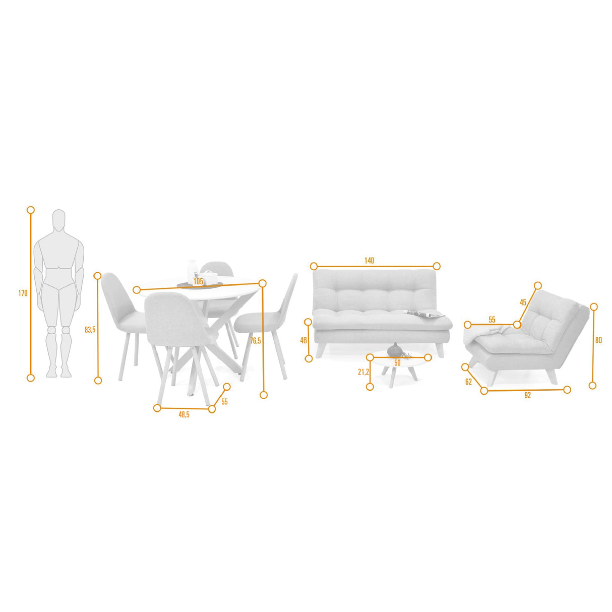 Combo Sala y Comedor Toulouse Beige y Matiz Natural 140x80cm de Dos Puestos sin Apoya Brazos y con Cuatro Sillas - SOFAS Y POLTRONAS | Bylmo