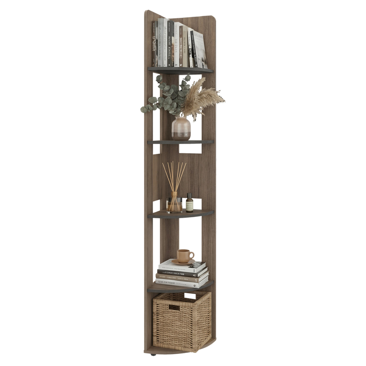 Estantería Home E7 Avellana 30x180.6cm Triangular con Cinco Compartimientos y con Cuatro Entrepaños - BIBLIOTECAS Y ESTANTERIAS | Bylmo
