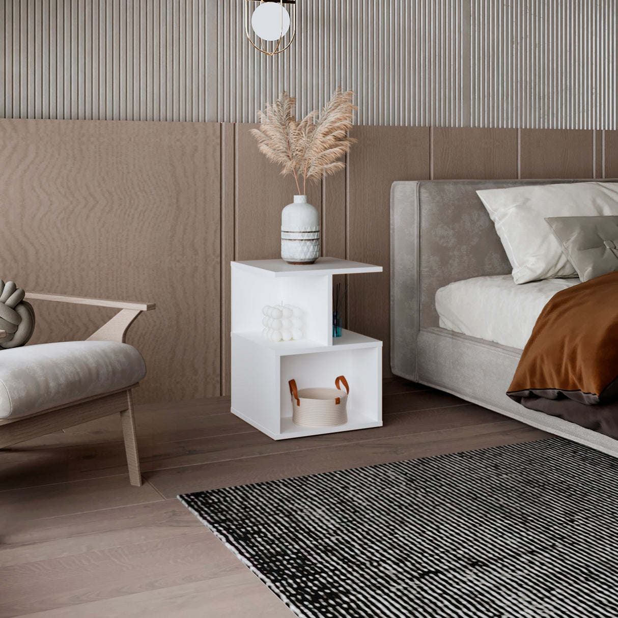 Mesa de Noche Ocaso Blanco 35x48.2cm con Tres Compartimientos y Un Entrepaño - MESAS DE NOCHE | Bylmo