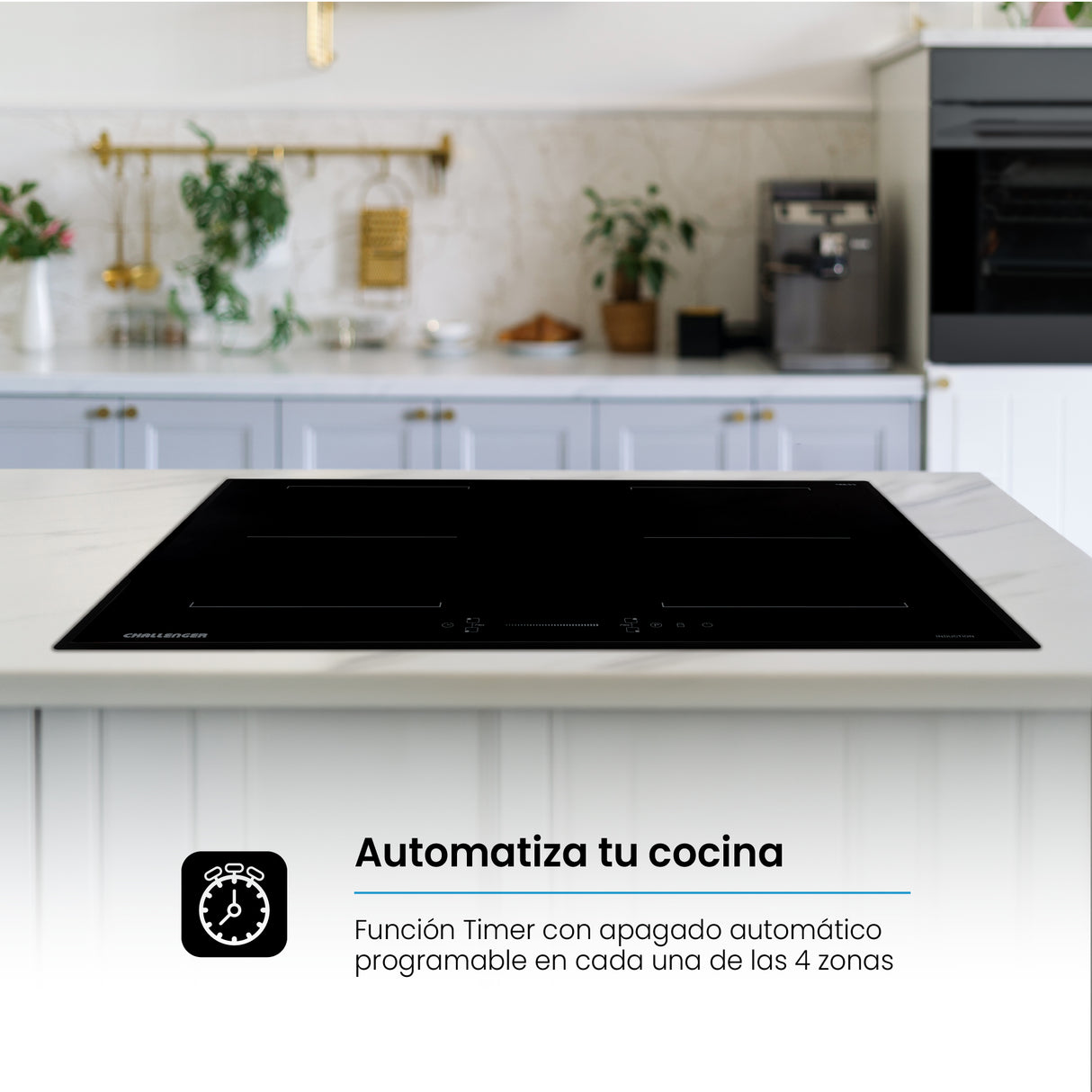 Estufa de Inducción para Empotrar Challenger Negro 77x52cm 220 Voltios con Cuatro Zonas de Cocción y Sistema Puente - ESTUFAS DE EMPORTRAR Y CUBIERTAS | Bylmo