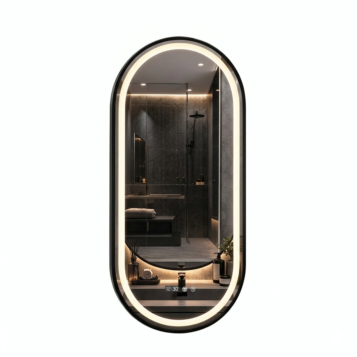 Espejo de Baño Led 55x100cm Ovalado Antiempaño con Marco Metalico Negro Con Biselado y con SandBlasting - ESPEJOS DE BANHO | Bylmo