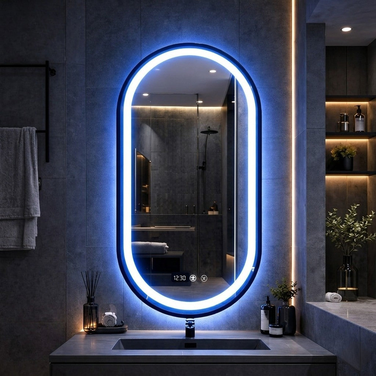 Espejo de Baño Led 55x100cm Ovalado Antiempaño con Marco Metalico Negro Con Biselado y con SandBlasting - ESPEJOS DE BANHO | Bylmo