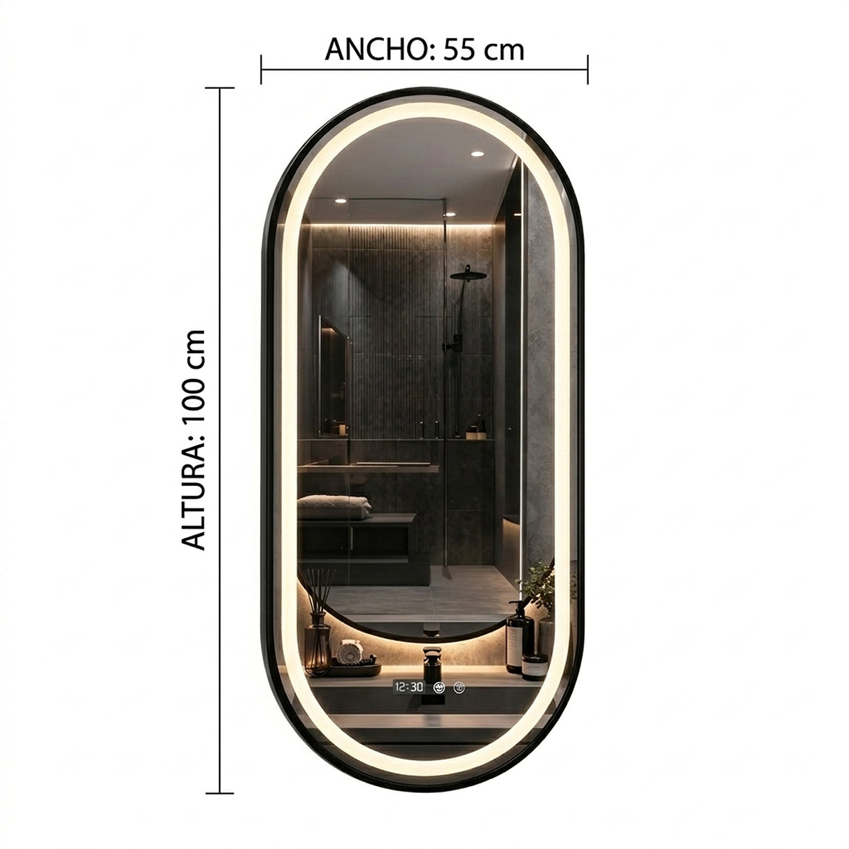 Espejo de Baño Led 55x100cm Ovalado Antiempaño con Marco Metalico Negro Con Biselado y con SandBlasting - ESPEJOS DE BANHO | Bylmo