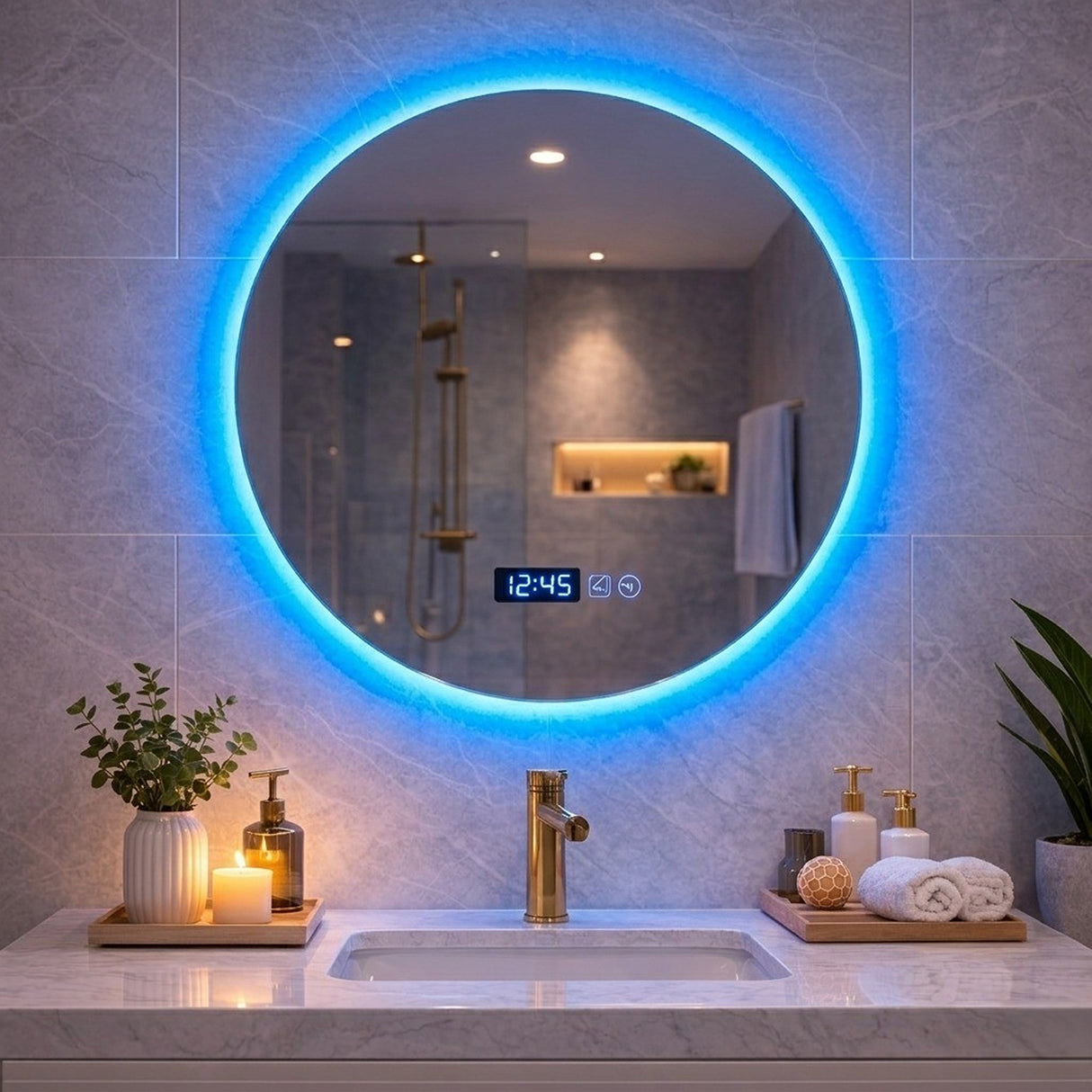 Espejo de Baño Led 70x70cm Redondo sin Marco Con Biselado y con SandBlasting - ESPEJOS DE BANHO | Bylmo