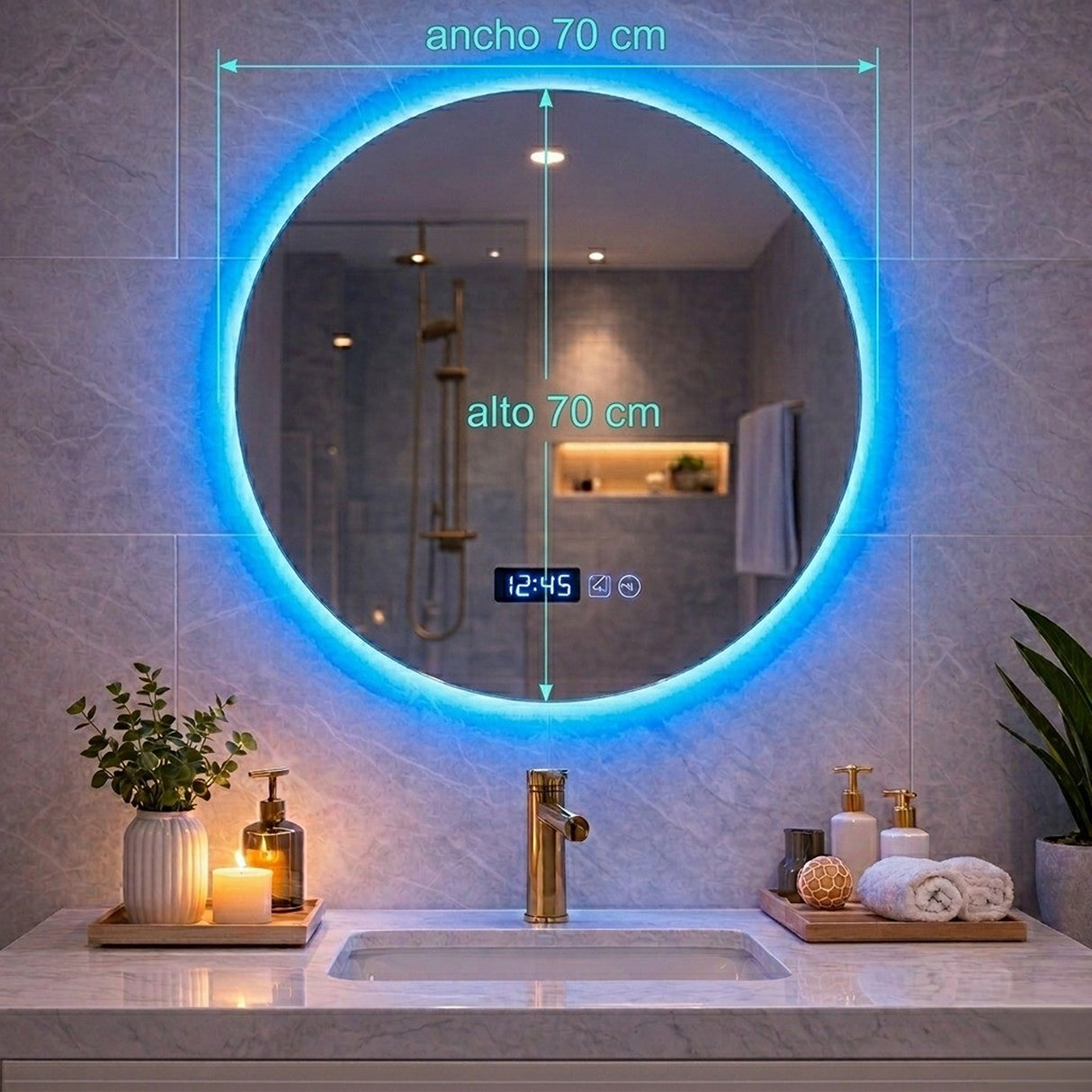 Espejo de Baño Led 70x70cm Redondo sin Marco Con Biselado y con SandBlasting - ESPEJOS DE BANHO | Bylmo