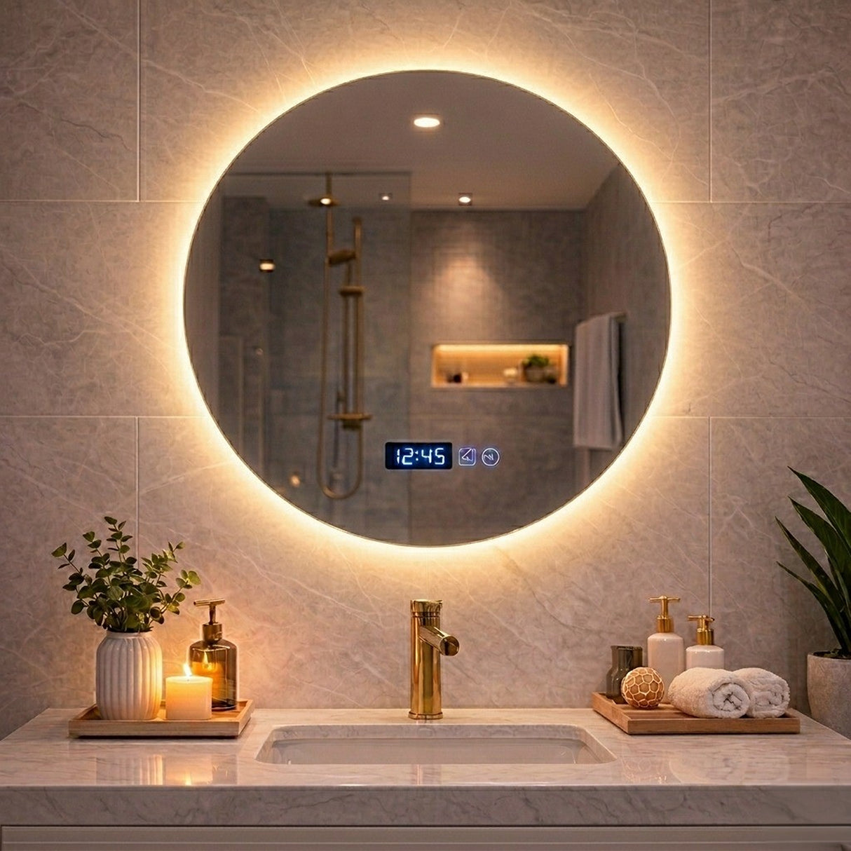 Espejo de Baño Led 70x70cm Redondo sin Marco Con Biselado y con SandBlasting - ESPEJOS DE BANHO | Bylmo