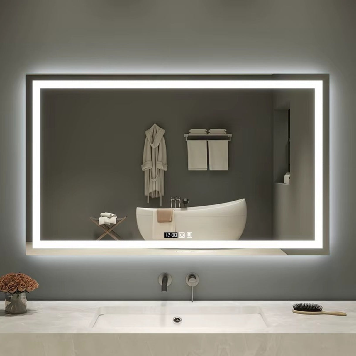 Espejo de Baño Led 80x60cm Rectangular Antiempaño sin Marco Con Biselado y con SandBlasting - ESPEJOS DE BANHO | Bylmo