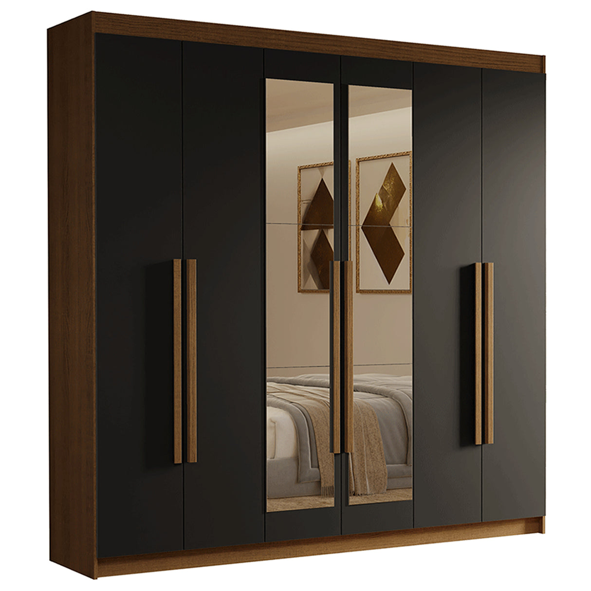 Closet Venus Marrón y Negro 180x217cm con Seis Puertas de Tiradores Marrón con Doce Compartimientos y con Espejo - CLOSETS | Bylmo
