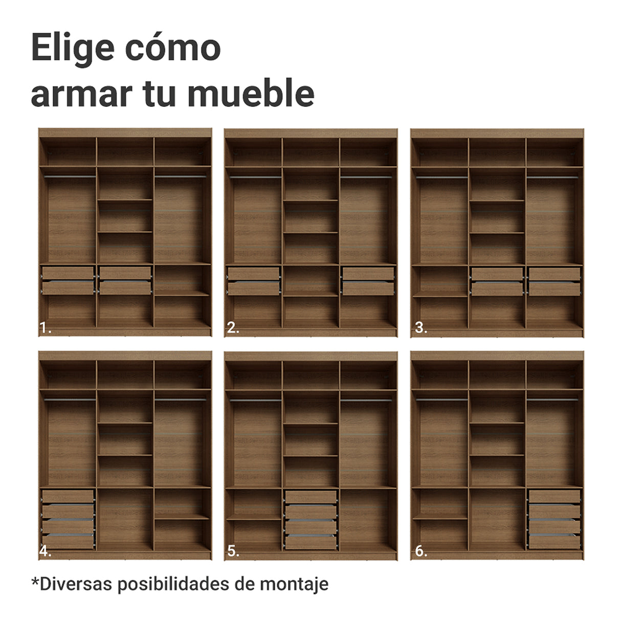 Closet Venus Marrón y Negro 180x217cm con Seis Puertas de Tiradores Marrion y con Doce Compartimientos - CLOSETS | Bylmo