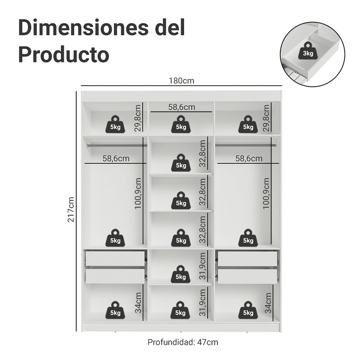 Closet Venus Blanco y Negro 180x217cm con Seis Puertas de Tiradores Negros con Doce Compartimientos y con Espejo - CLOSETS | Bylmo