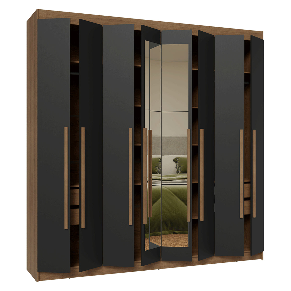 Closet Venus Marrón y Negro 216x217cm con Ocho Puertas de Tiradores Marrón con Diecisiete Compartimientos y con Espejo - CLOSETS | Bylmo