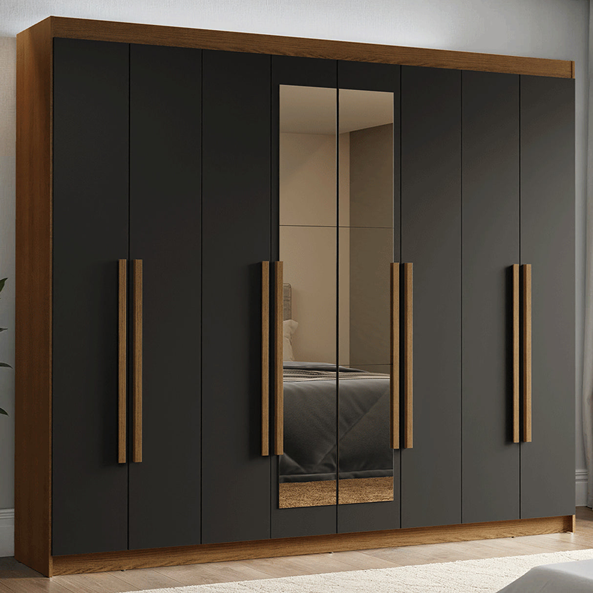 Closet Venus Marrón y Negro 216x217cm con Ocho Puertas de Tiradores Marrón con Diecisiete Compartimientos y con Espejo - CLOSETS | Bylmo