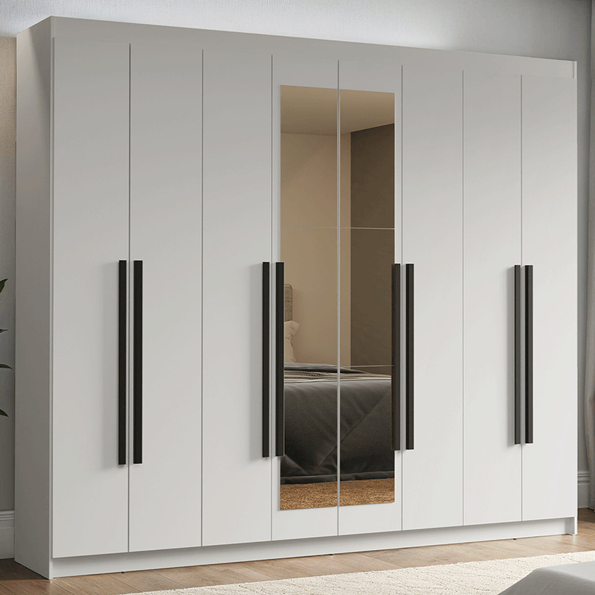 Closet Venus Blanco y Negro 216x217cm con Ocho Puertas de Tiradores Negros con Diecisiete Compartimientos y con Espejo - CLOSETS | Bylmo