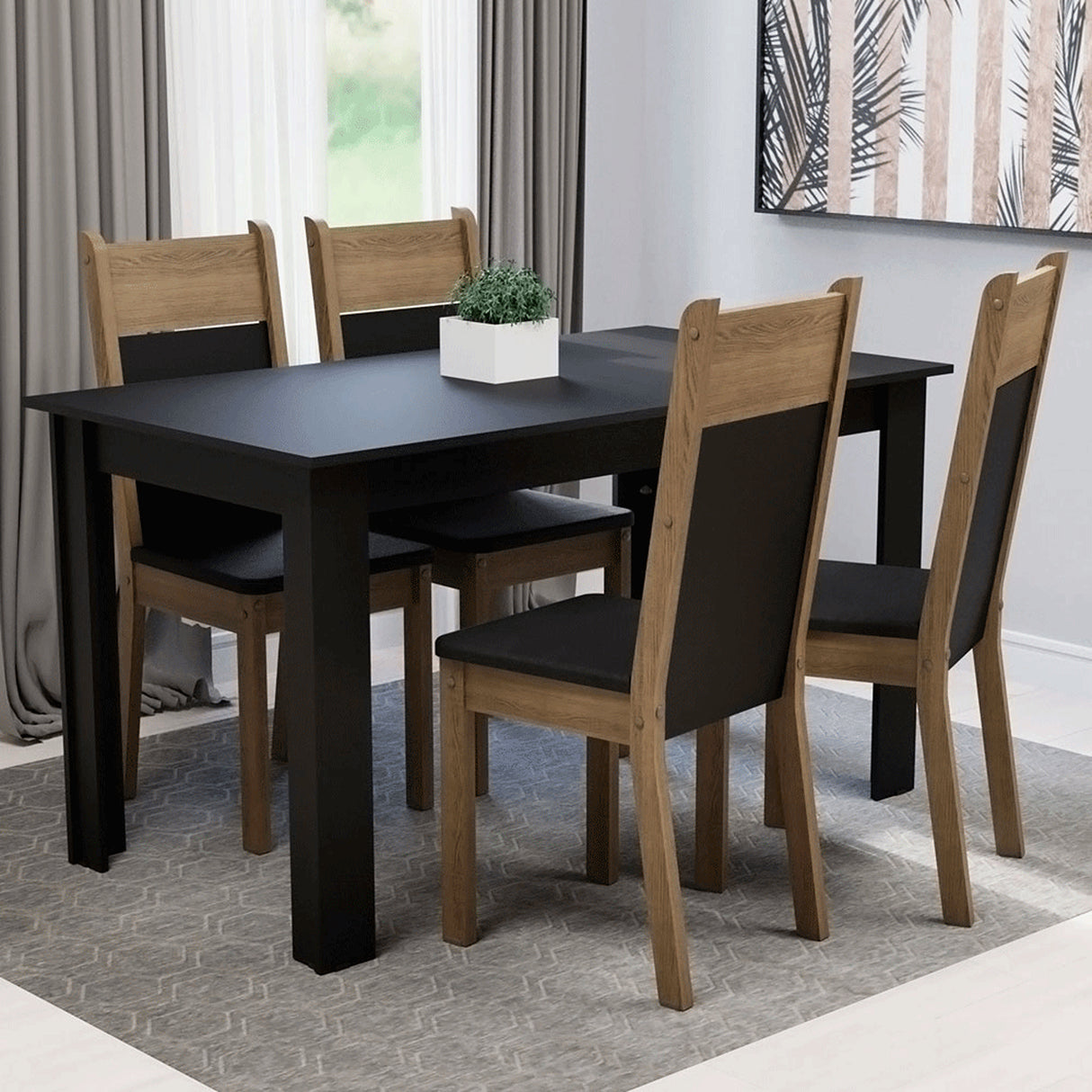 Juego de comedor Havana Negro y Marrón 136x76cm Rectangular de Cuatro Puestos con Cuatro Sillas - COMEDORES | Bylmo