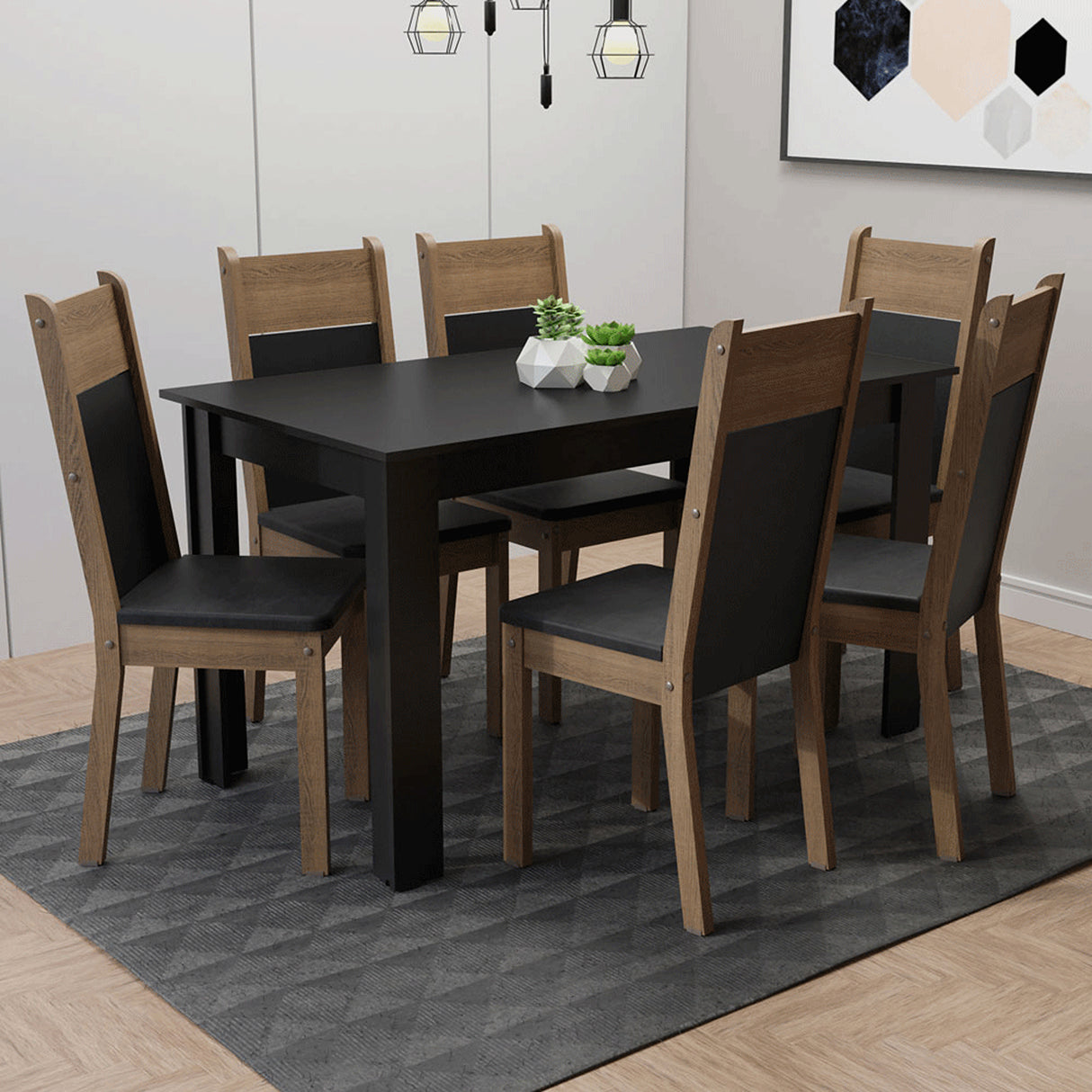 Juego de comedor Medelin Negro y Marrón 136x76cm Rectangular de Seis Puestos con Seis Sillas - COMEDORES | Bylmo