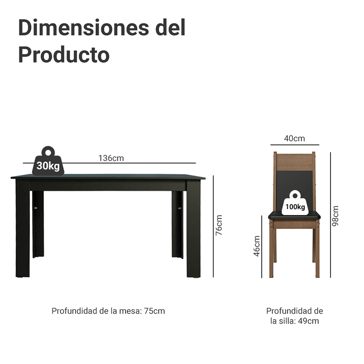 Juego de comedor Medelin Negro y Marrón 136x76cm Rectangular de Seis Puestos con Seis Sillas - COMEDORES | Bylmo