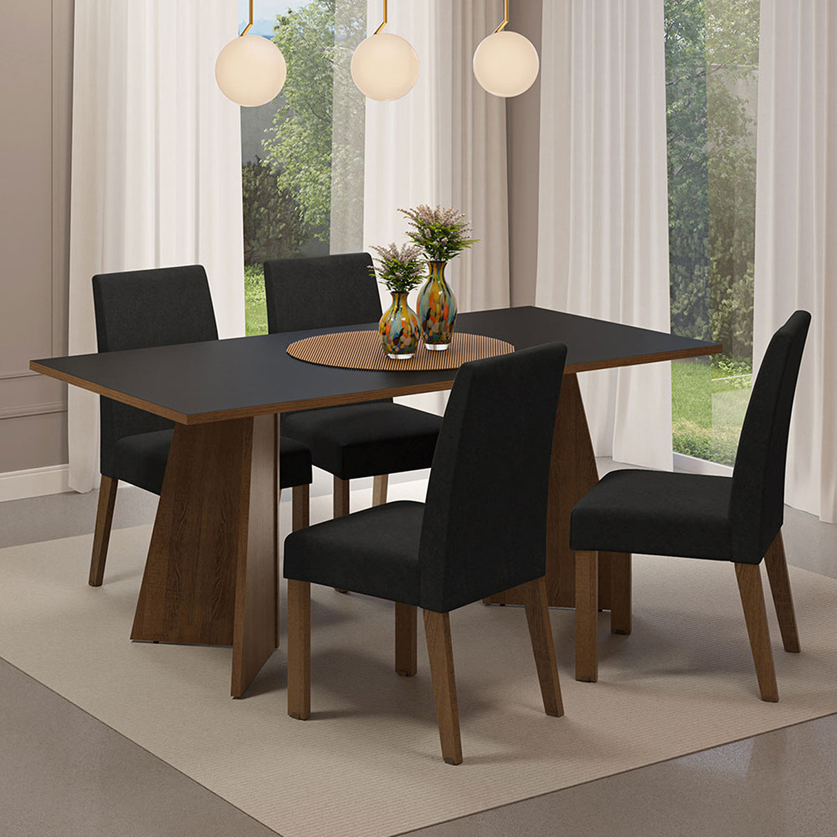 Juego de comedor April Negro Oxford y Marrón 180x78cm Rectangular de Cuatro Puestos con Cuatro Sillas - COMEDORES | Bylmo