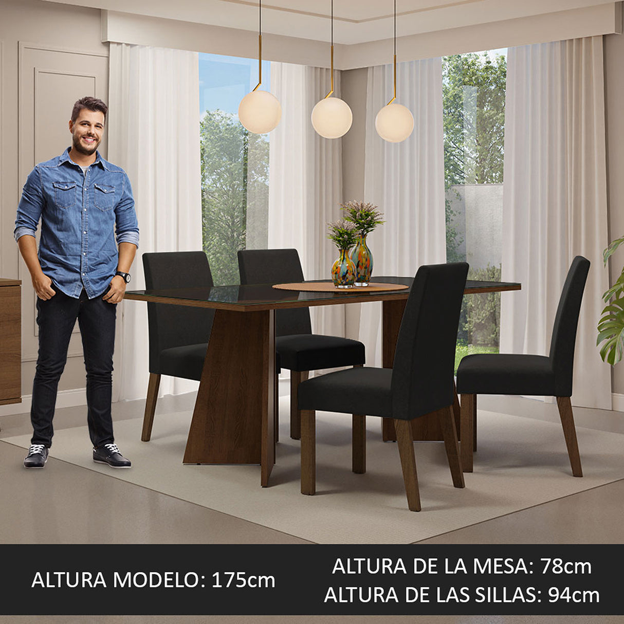Juego de comedor Taylor Negro Oxford y Marrón 180x78cm Rectangular de Cuatro Puestos con Cuatro Sillas - COMEDORES | Bylmo