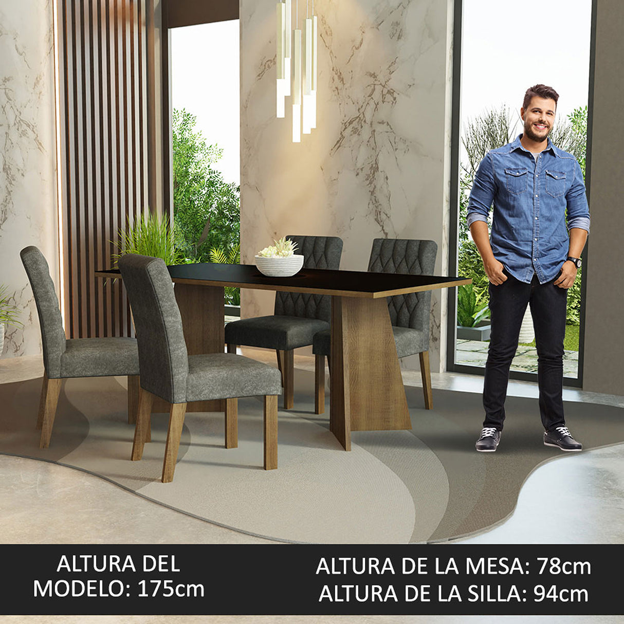 Juego de comedor Ruby Negro y Marrón 180x78cm Rectangular de Cuatro Puestos con Cuatro Sillas - COMEDORES | Bylmo