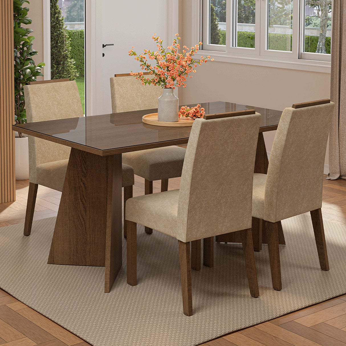 Juego de comedor Braga Marrón y Beige 160x78cm Rectangular de Cuatro Puestos con Cuatro Sillas - COMEDORES | Bylmo