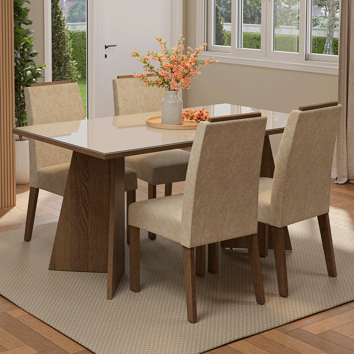 Juego de comedor Braga Marrón y Crema 160x78cm Rectangular de Cuatro Puestos con Cuatro Sillas - COMEDORES | Bylmo