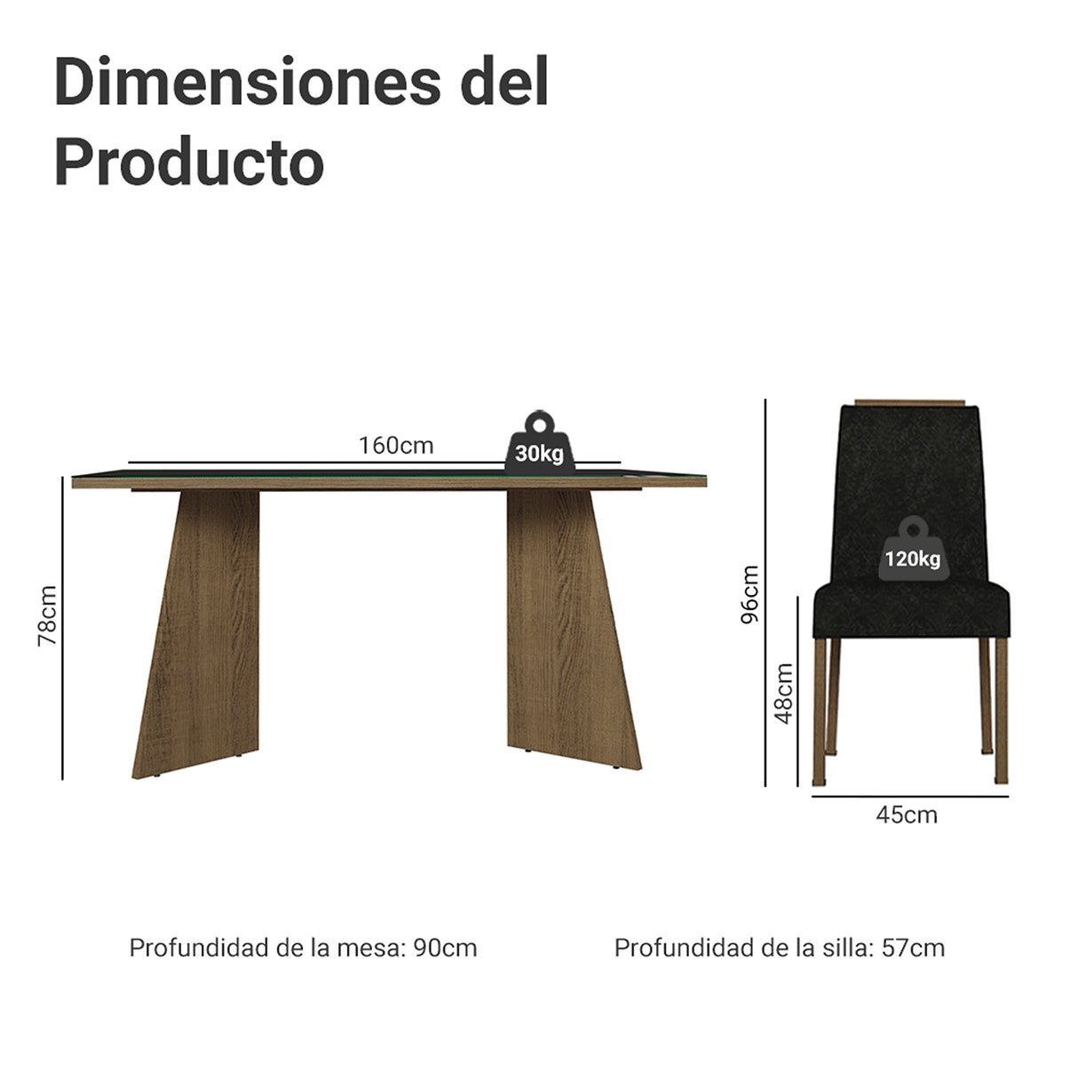 Juego de comedor Braga Marrón y Negro 160x78cm Rectangular de Cuatro Puestos con Cuatro Sillas - COMEDORES | Bylmo