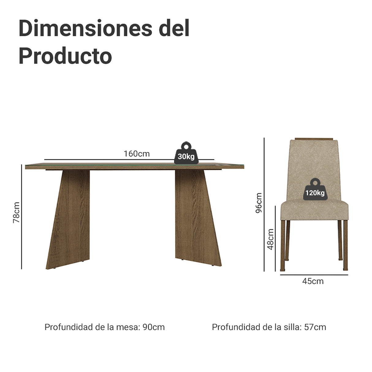 Juego de comedor Madrid Marrón y Beige 160x78cm Rectangular de Seis Puestos con Seis Sillas - COMEDORES | Bylmo