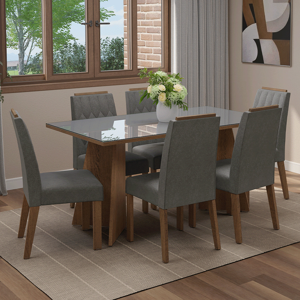 Juego de comedor Sintra Marrón y Gris 160x78cm Rectangular de Seis Puestos con Seis Sillas - COMEDORES | Bylmo
