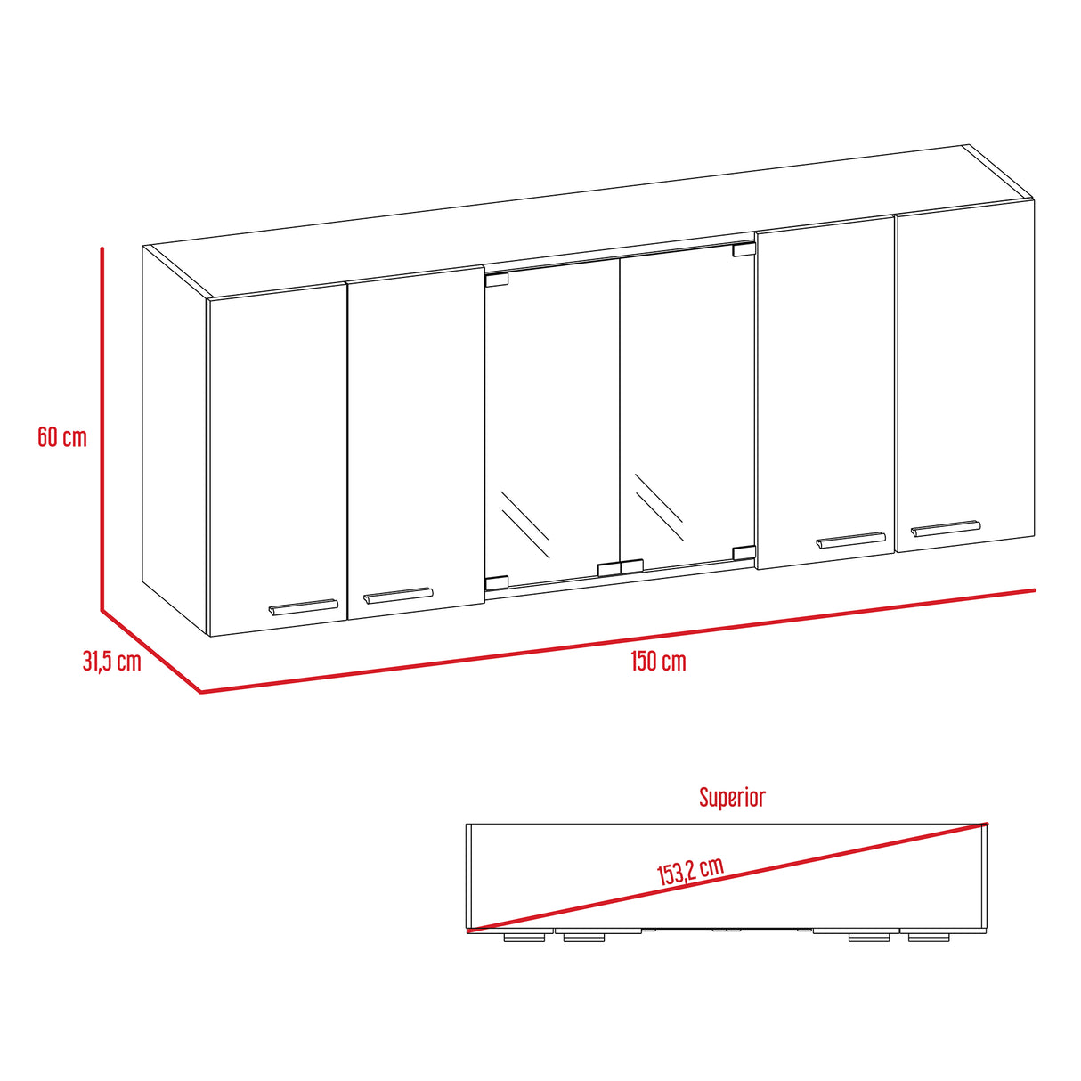 Mueble Superior de Cocina Blanco y Cartagena 150x60cm con Seis Puertas con Locero - MUEBLES SUPERIORES DE COCINA | Bylmo