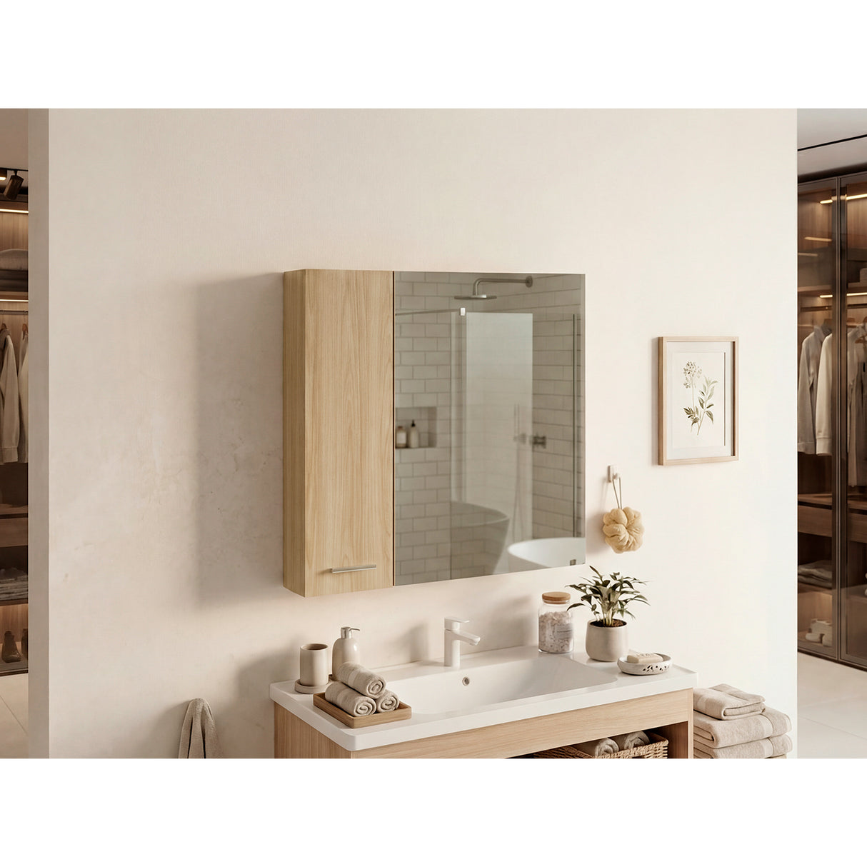 Gabinete de Baño Barcelona Fresno 60x60cm Cuadrado con Espejo y con Dos Entrepaños - GABINETES DE BANHO | Bylmo