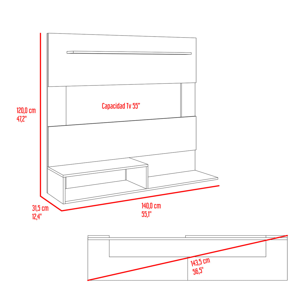 Panel de TV Beijint Avellana 140x120cm Para TV Hasta 55 Pulgadas sin Cajones - MUEBLES DE TV | Bylmo
