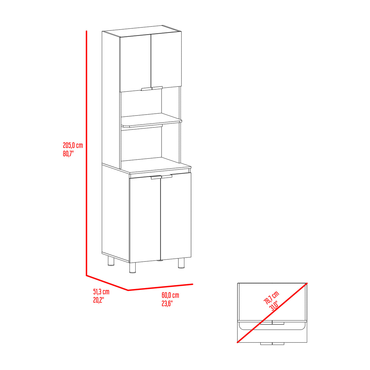 Mueble Microondas Fendi Positano 60x205cm sin Cajones y con Cuatro Puertas - ALACENAS Y MUEBLES MICROONDAS | Bylmo