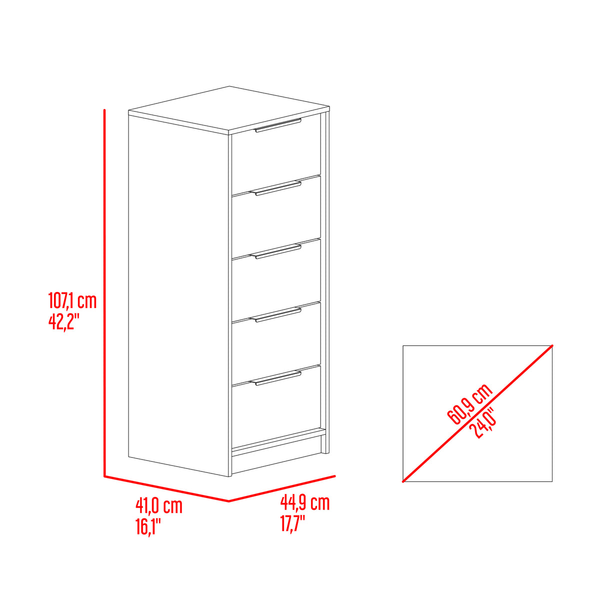 Cómoda Kaia Cartagena y Blanco 45x107.8cm De Cinco Hileras con Cinco Cajones - CAJONERAS Y COMODAS | Bylmo