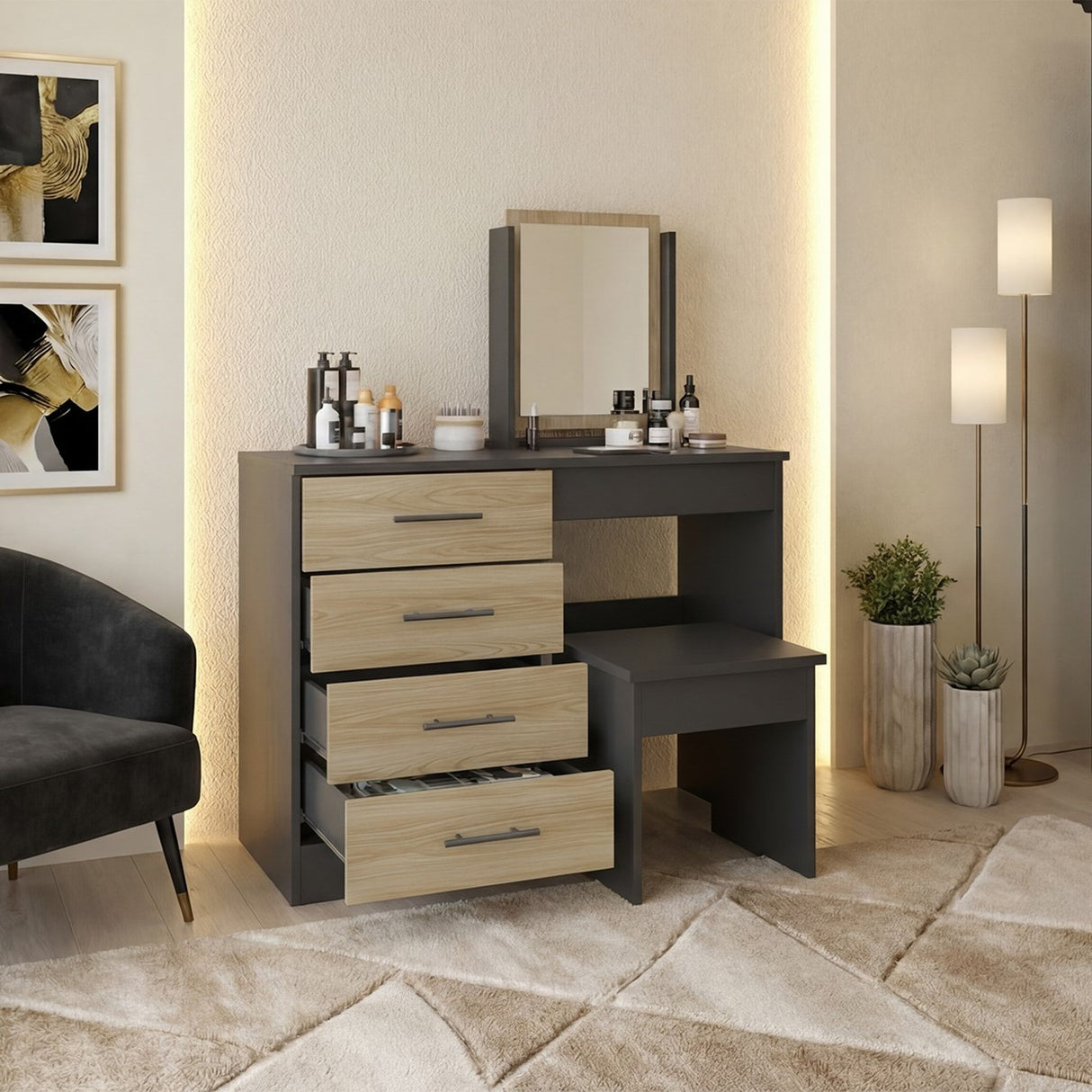 Tocador Kaia Wengue y Fresno 100x126.7cm con Cuatro Cajones y con Espejo - TOCADORES | Bylmo