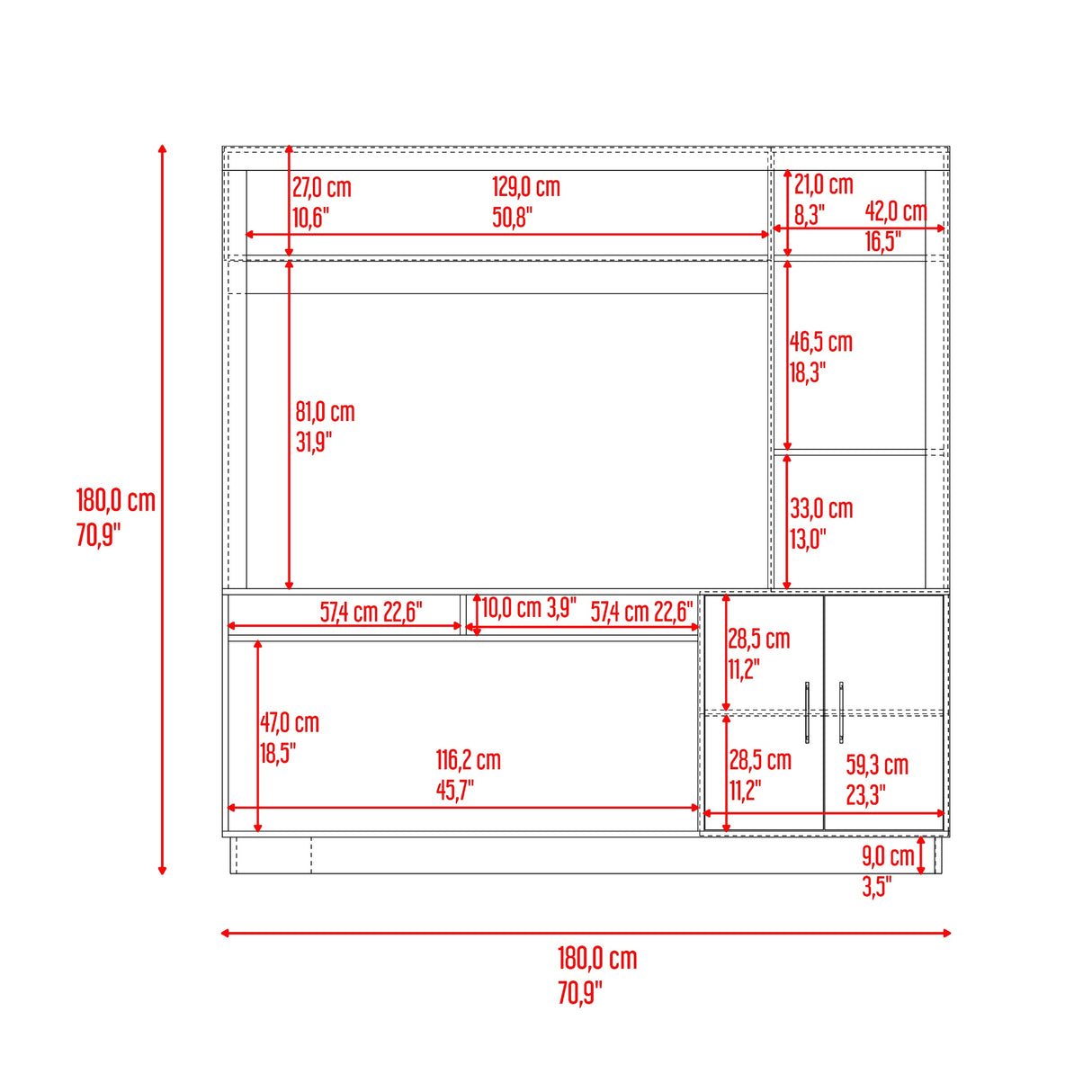 Centro de Entretenimiento Cantabria Cartagena 180x180cm Para TV Hasta 55 Pulgadas con Un Cajón - MUEBLES DE TV | Bylmo