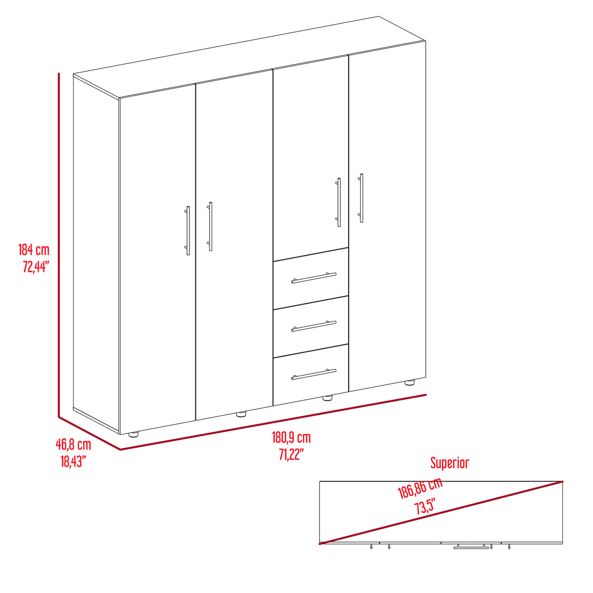 Closet Harlem Cartagena y Blanco 180 cm con Cuatro Puertas y Tres Cajones - CLOSETS | Bylmo