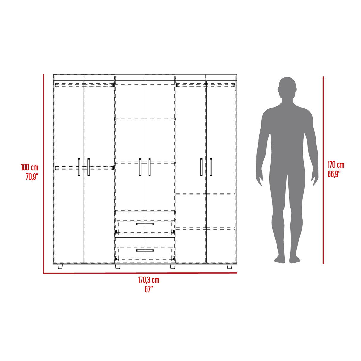 Closet Bariloche Cartagena 170x180cm con 2 Cajones con 4 Entrepaños - CLOSETS | Bylmo