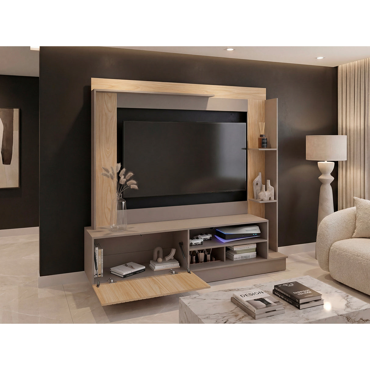 Centro de Entretenimiento Doha Fresno 180x180cm Para TV Hasta 60 Pulgadas con Un Cajón y con Ranuras para Cables - MUEBLES DE TV | Bylmo