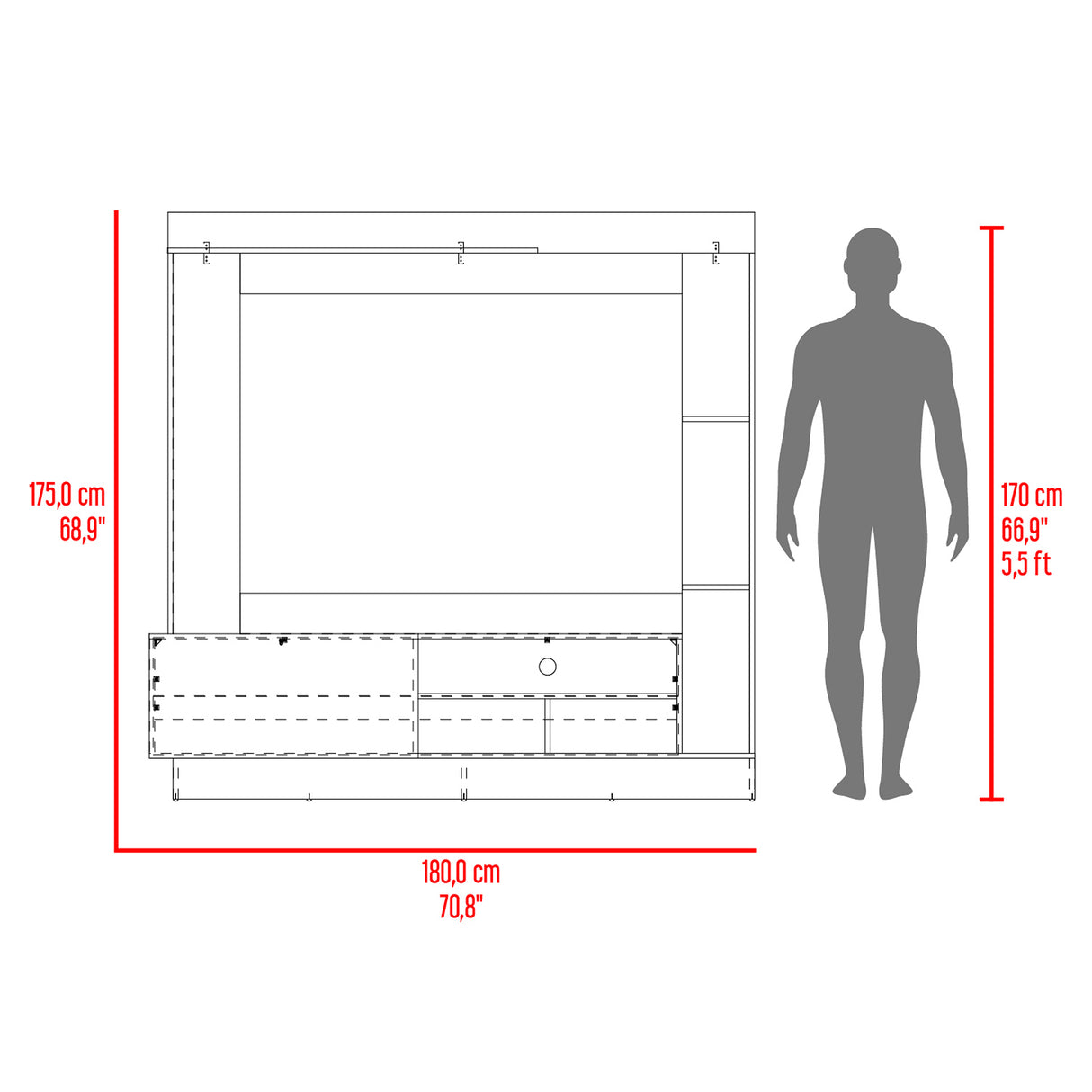 Centro de Entretenimiento Doha Fresno 180x180cm Para TV Hasta 60 Pulgadas con Un Cajón y con Ranuras para Cables - MUEBLES DE TV | Bylmo