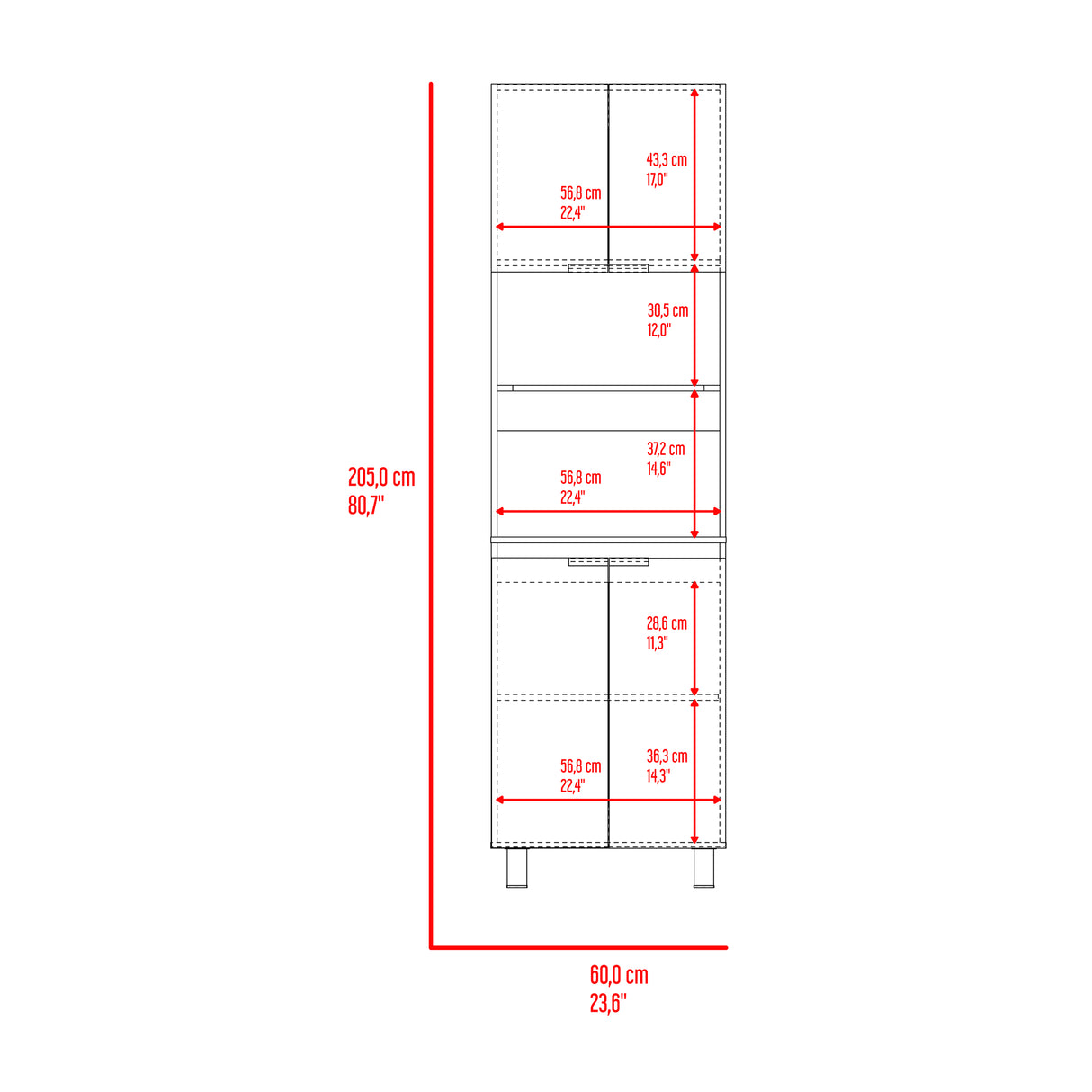 Módulo Microondas Fendi Cartagena 60x205cm sin Cajones y con Cuatro Puertas - ALACENAS Y MUEBLES MICROONDAS | Bylmo