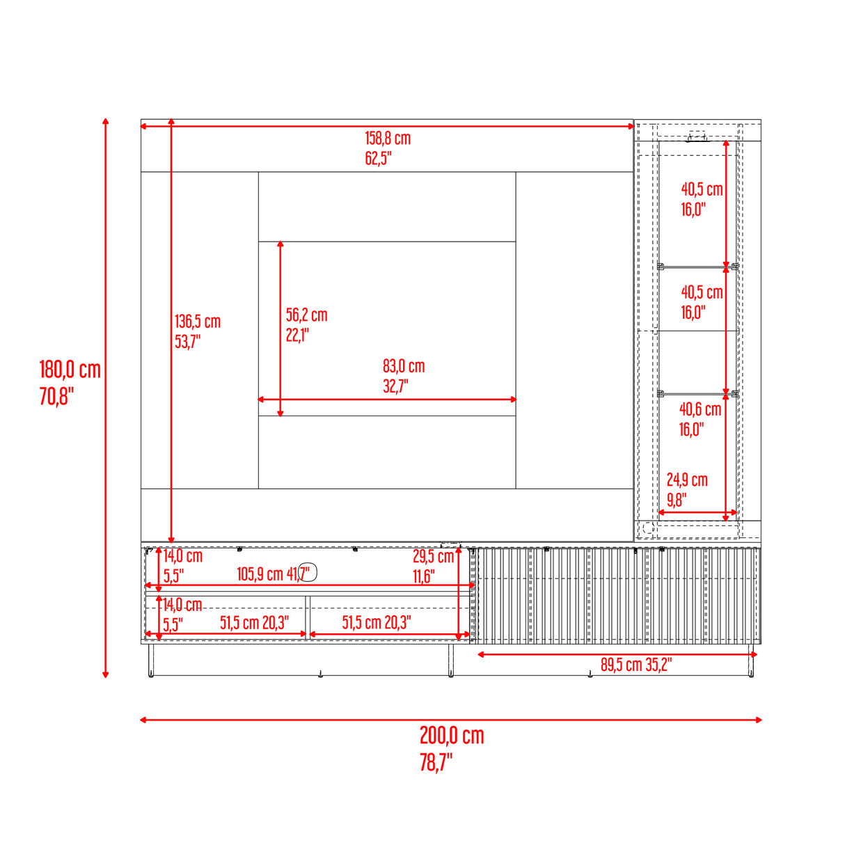 Centro de Entretenimiento Yakarta Avellana 200x180cm para TV Hasta 65" Pulgadas y con Siete Compartimientos - MUEBLES DE TV | Bylmo