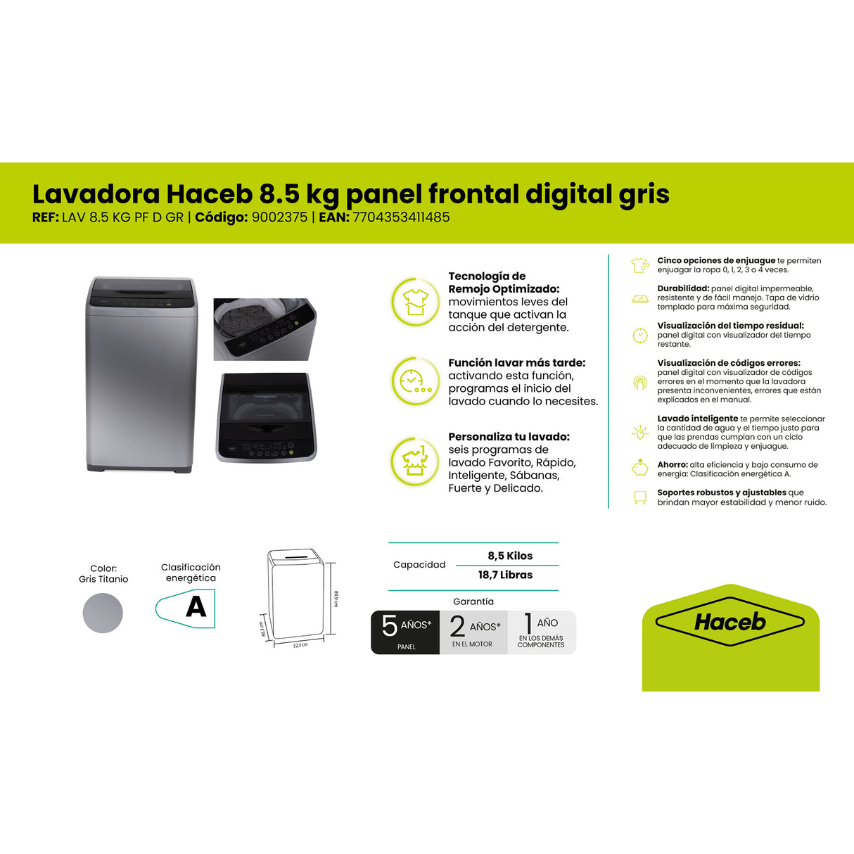 Lavadora Haceb Gris 52.3x89.8cm Para 8 Kilos con 6 Funciones Preconfiguradas - LAVADORAS Y SECADORAS | Bylmo