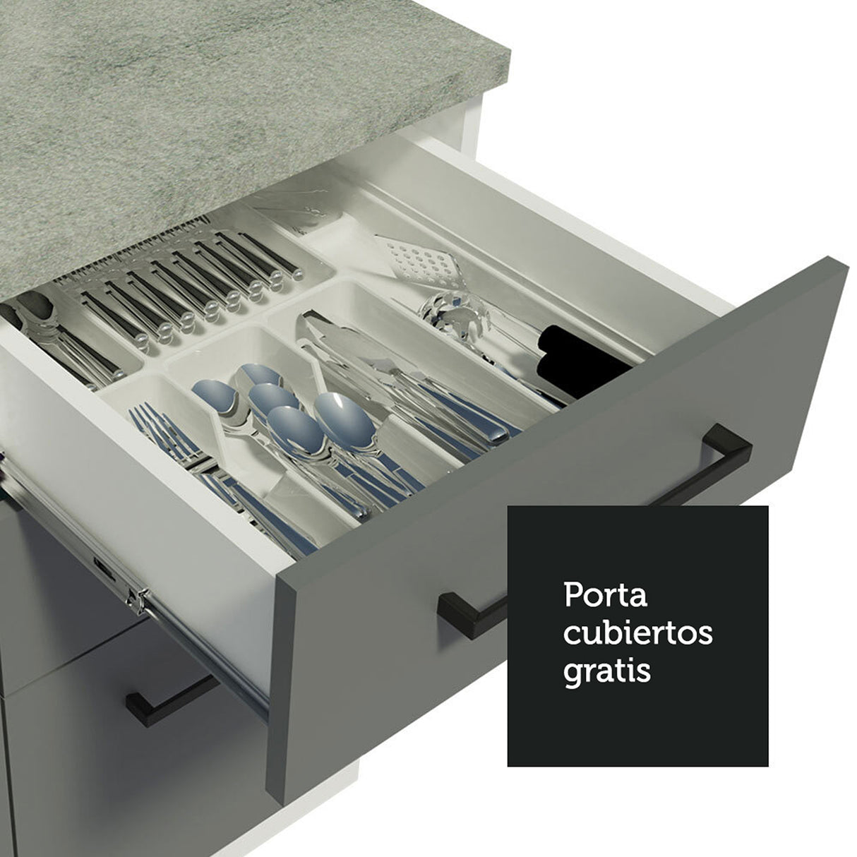 Gabinete de Cocina Agata Blanco y Gris 40x84cm con Mesón de Madera Aglomerada MDP sin Pozuelo y con Tres Cajones