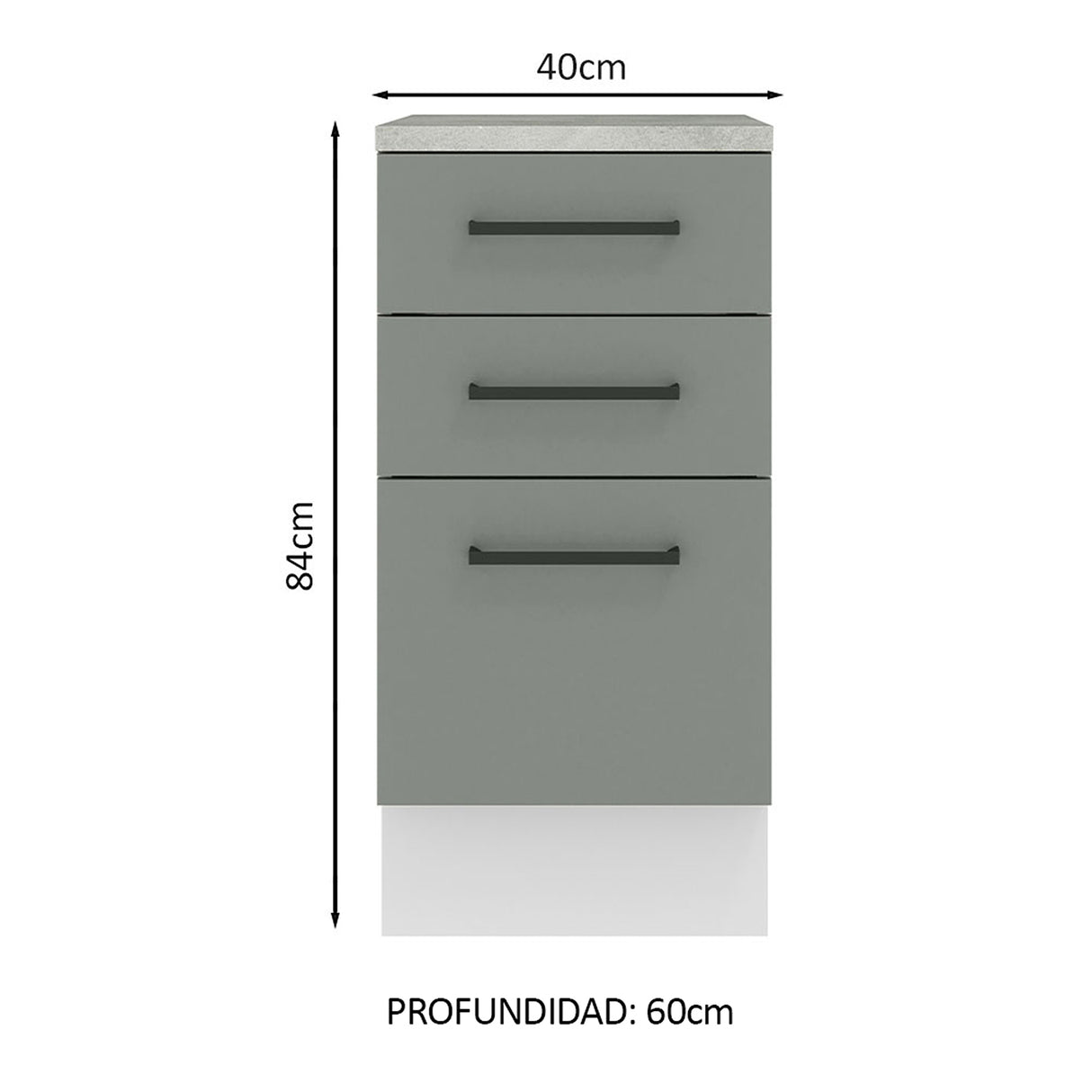 Gabinete de Cocina Agata Blanco y Gris 40x84cm con Mesón de Madera Aglomerada MDP sin Pozuelo y con Tres Cajones