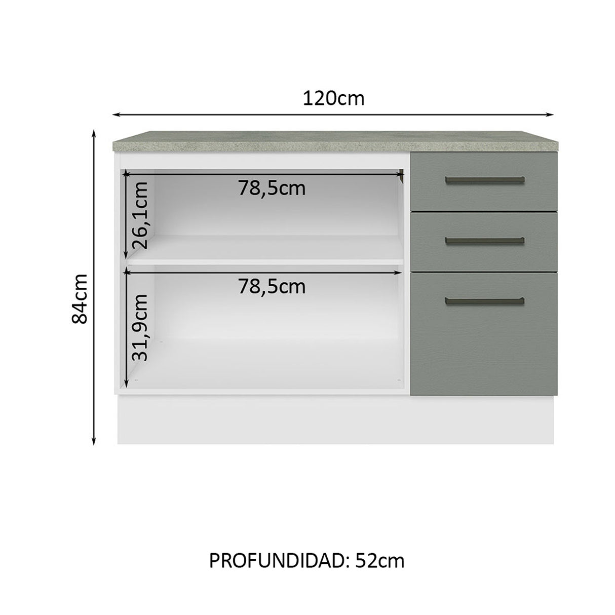 Gabinete de Cocina Agata Blanco y Gris 120x84cm con Mesón de Madera Aglomerada MDP sin Pozuelo y con Tres Cajones - MUEBLES INFERIORES DE COCINA | Bylmo