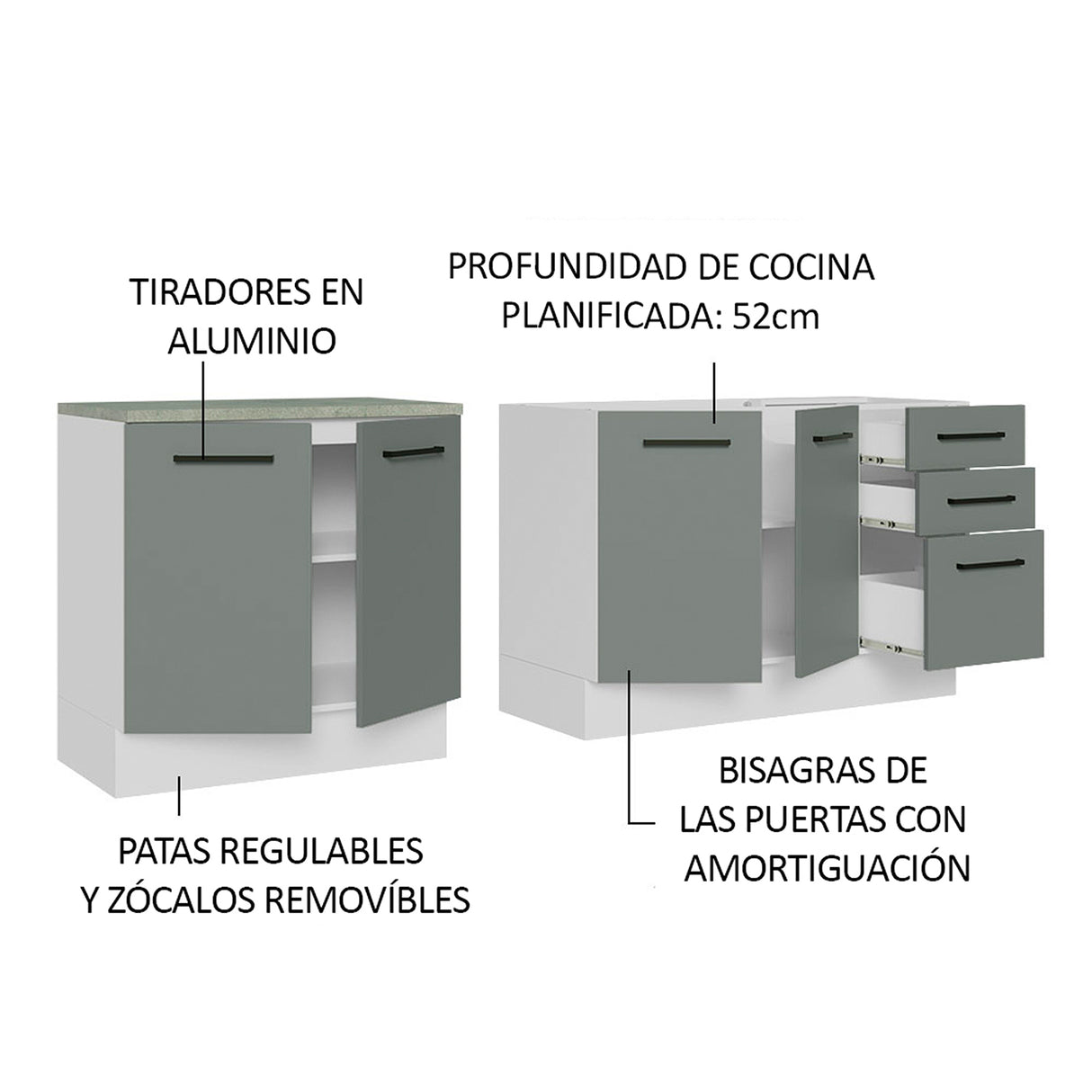 Set X 2 Muebles Inferiores de Cocina Agata Blanco y Gris 200x84cm sin Mesón sin Pozuelo y con Tres Cajones