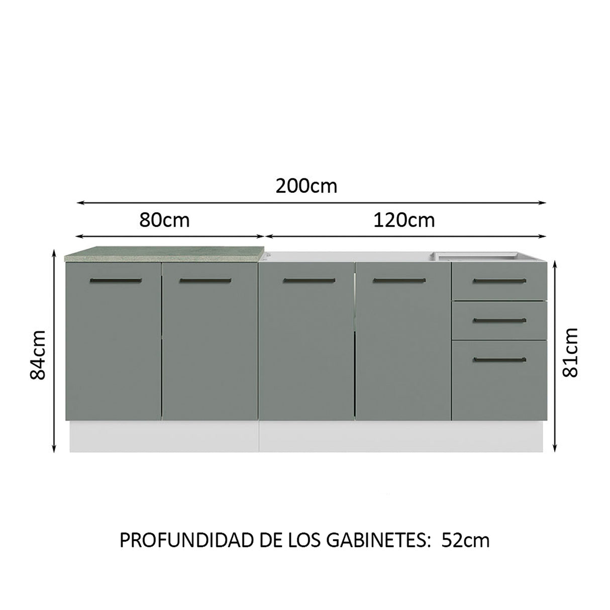 Set X 2 Muebles Inferiores de Cocina Agata Blanco y Gris 200x84cm sin Mesón sin Pozuelo y con Tres Cajones