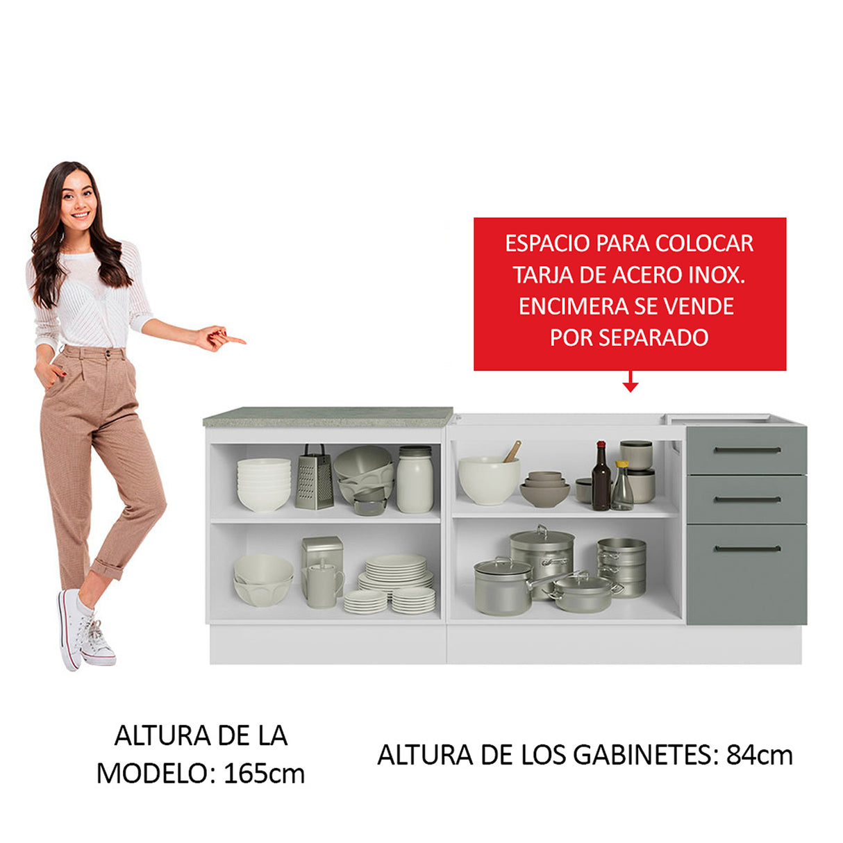 Set X 2 Muebles Inferiores de Cocina Agata Blanco y Gris 200x84cm sin Mesón sin Pozuelo y con Tres Cajones